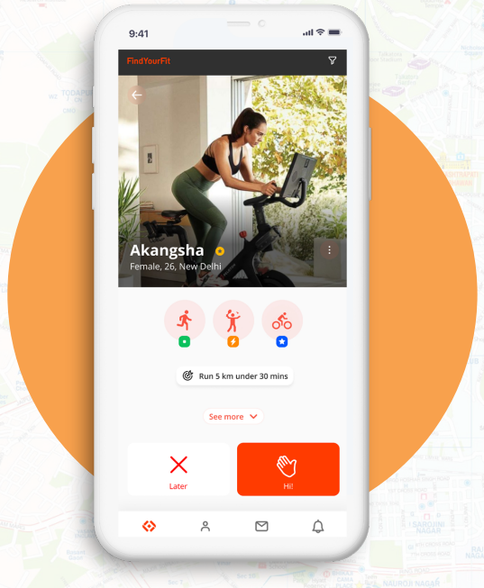 FindYourFit app screenshot showing cycling buddy near you