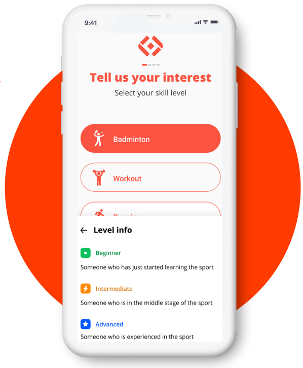 Screenshot of FindYourFit app showing badminton buddy finder dashboard